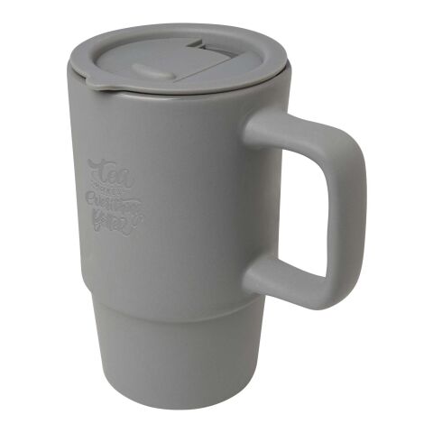 48h Express-Druck Werbeartikel Carter 450 ml Keramiktasse mit Kunststoffdeckel – grau – mit Logo bedruckt