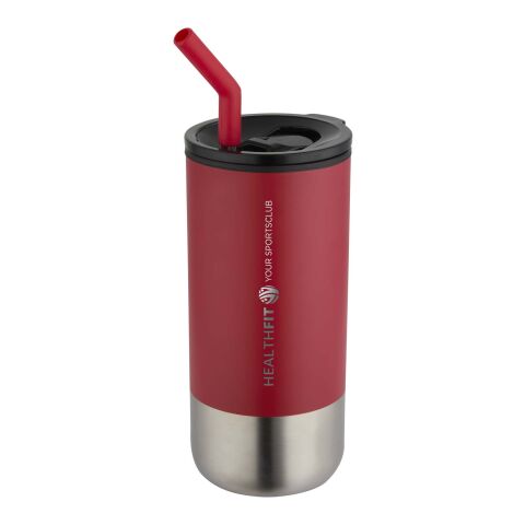 Werbeartikel Grayson 480 ml RCS recycelter Isolierbecher mit Trinkhalm – rot – mit Logo bedruckt