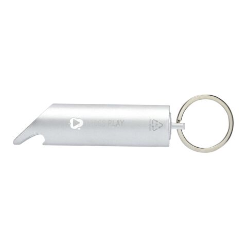 48h Express-Druck Werbeartikel Flare IPX-LED-Lampe und Flaschenöffner aus recyceltem Aluminium mit Schlüsselanhänger – Silber – mit Logo bedruckt