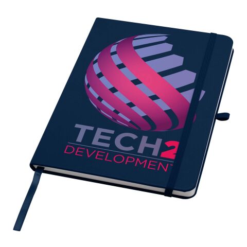 Werbeartikel Teak A5 Hardcover Notizbuch, liniert, aus recyceltem Material – navy – mit Logo bedruckt