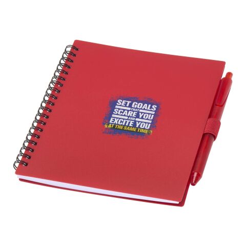 Werbeartikel Niove Softcover Notizbuch aus recyceltem Kunststoff mit Kugelschreiber (blaue Mine) – rot – mit Logo bedruckt