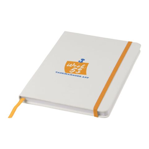 Kundengeschenk Notizbuch Spectrum DIN A5 – weiss-orange – mit Logo bedruckt 48h Express-Druck 96 Blatt für Meetings & Konferenzen