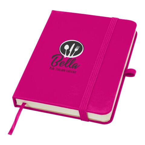 Werbemittel Notizbuch Spectrum Plus A6 – rosa – mit Logo bedruckt Hardcover mit Stiftschlaufe und elastischem Verschluss für Bürobedarf