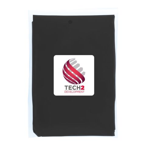 Werbeartikel Mayan GRS-zertifizierter Einweg-Regenponcho mit Aufbewahrungstasche. | schwarz | mit Logo bedrucken