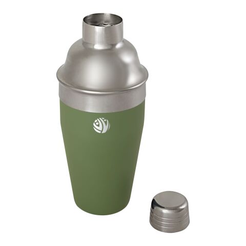 Werbeartikel Gaudie Cocktailshaker recycelter Edelstahl nachhaltig Shaker & Sieb Set Öko-Präsent in Kraftbox edel – heather grün – mit Logo bedruckt