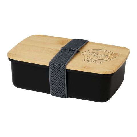 Mitarbeitergeschenk Brotdose Mangi 500 ml – schwarz – lasergraviert mit 48h Express-Druck nachhaltig aus recyceltem Kunststoff mit Bambusdeckel