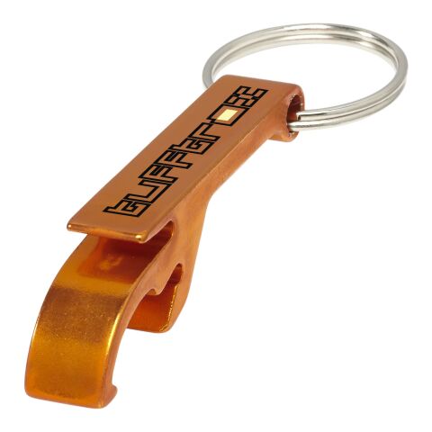 Werbeartikel Tao Flaschenöffner & Dosenöffner Schlüsselanhänger aus Aluminium mit Metallic-Finish – orange – mit Logo bedruckt