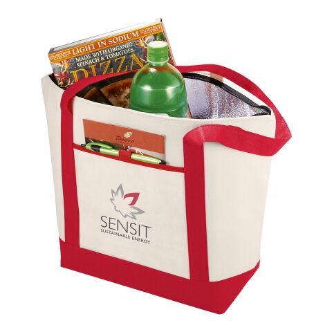 Werbeartikel Lighthouse Non Woven Kühltasche – natur-rot – mit Logo bedruckt