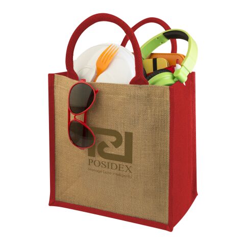 48h Express-Druck Werbeartikel Chennai Jute Tragetasche – natur-rot – mit Logo bedruckt