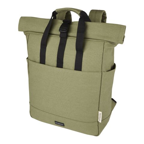 Werbeartikel Joey 15" GRS Rolltop Laptop-Rucksack aus recyceltem Canvas 15 L | olive | mit Logo bedrucken