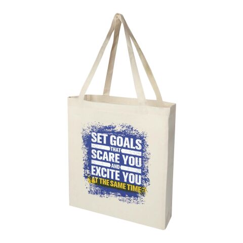 48h Express-Druck Werbeartikel Madras 140 g/m² Baumwoll Tragetasche mit Seitenfalten aus GRS recycelter Baumwolle – natur – mit Logo bedruckt