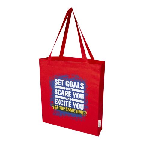48h Express-Druck Werbeartikel Madras 140 g/m² Baumwoll Tragetasche mit Seitenfalten aus GRS recycelter Baumwolle – rot – mit Logo bedruckt
