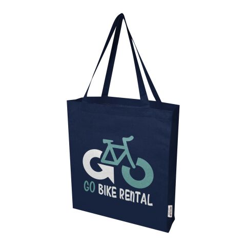 48h Express-Druck Werbeartikel Madras 140 g/m² Baumwoll Tragetasche mit Seitenfalten aus GRS recycelter Baumwolle – navy – mit Logo bedruckt
