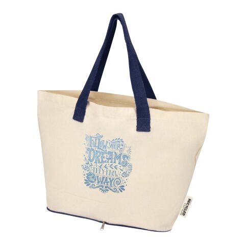 48h Express-Druck Nachhaltiger Werbeartikel Sierra 140 g/m² Faltbare Tragetasche aus GRS recycelter Baumwolle 7L – natur-navy – mit Logo bedruckt