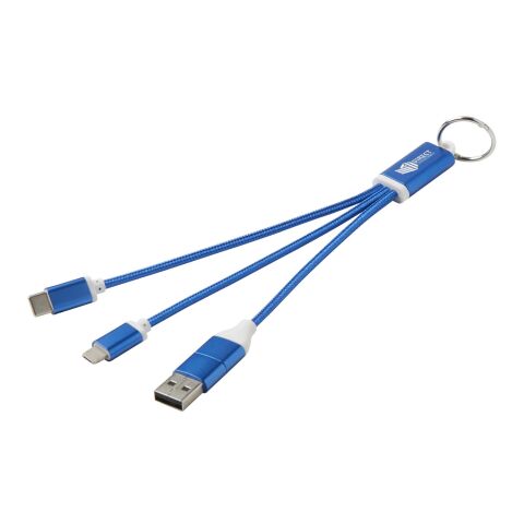 Werbeartikel Metal 4-in-1 Ladekabel aus recyceltem Aluminium mit Schlüsselanhänger – royalblau – mit Logo bedruckt