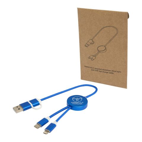 Werbeartikel Alasia 5-in-1 Ladekabel – royalblau – mit Logo bedruckt nachhaltig recycelt 30 cm USB-C 27W Schnellladung für Events