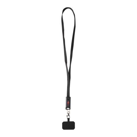 Werbeartikel Franz Lanyard 65W 5-in-1 Schnellladekabel USB-C/A Micro-USB Lightning CarPlay RPET nachhaltig – schwarz – mit Logo bedruckt
