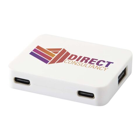 Gaia 4 Port USB Hub mit USB-A- und Typ-C-Ausgang und zwei Eingängen aus recyceltem Kunststoff Standard | weiß | ohne Werbeanbringung | Nicht verfügbar | Nicht verfügbar
