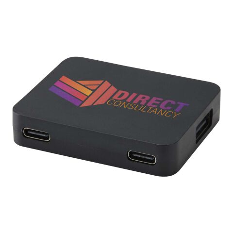 Mitarbeitergeschenk Gaia 4 Port USB-Hub – schwarz – mit Logo bedruckt 48h Express-Druck aus recyceltem Kunststoff für die Büroausstattung