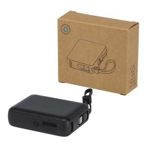 Werbeartikel Acrux 35 W 10.000 mAh Tablet Powerbank mit integriertem Typ-C-Kabel aus recyceltem Kunststoff – schwarz – mit Logo bedruckt