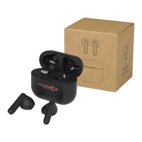 Werbeartikel Altais True Wireless Bluetooth Headset aus recyceltem Kunststoff – schwarz – mit Logo bedruckt