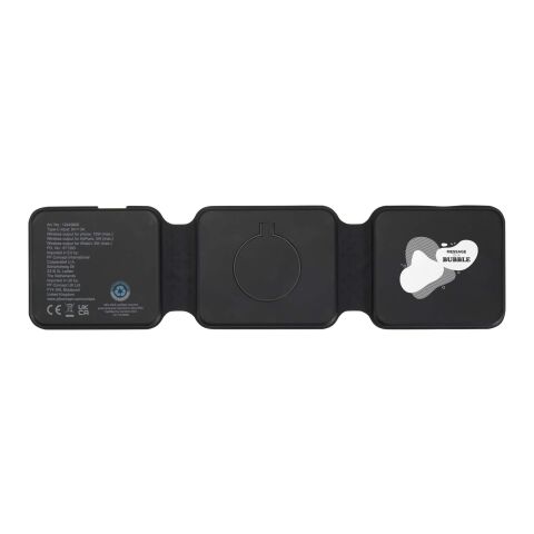 Werbeartikel Armus 15 W 3-in-1 zusammenklappbares kabelloses Ladegerät aus recyceltem Kunststoff | schwarz | mit Logo bedrucken