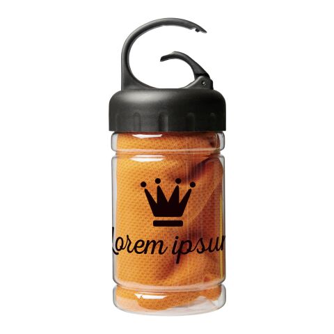 Werbeartikel Remy Kühlhandtuch in PET-Behälter – orange – mit Logo bedruckt