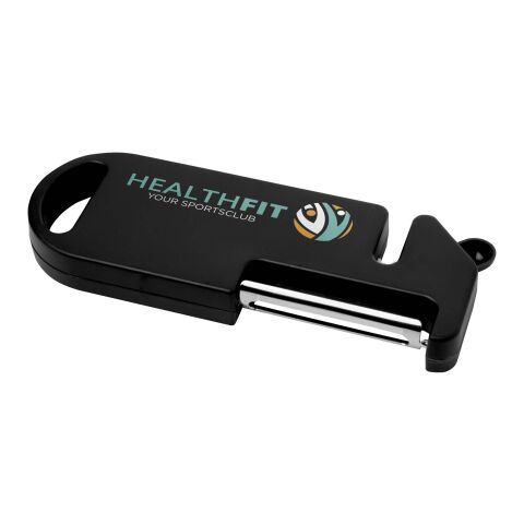 Werbeartikel Kipper Mehrzweck Küchengerät 4-in-1 recycelter Kunststoff Schäler Messerschärfer & Öffner platzsparend – schwarz – mit Logo bedruckt