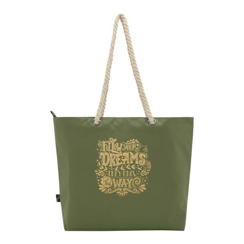 Werbeartikel Panama Strandkühltasche mit Kordelgriffen aus recyceltem GRS-Material – olive – mit Logo bedruckt