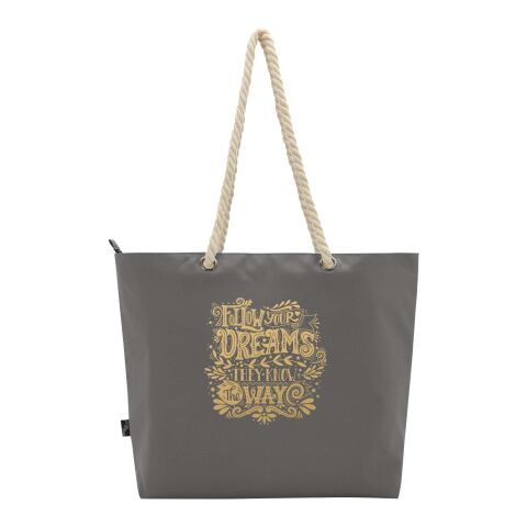 Werbeartikel Panama Strandkühltasche mit Kordelgriffen aus recyceltem GRS-Material – grau – mit Logo bedruckt