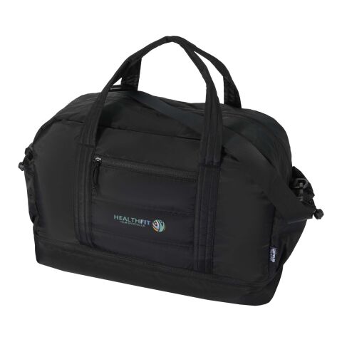 Werbeartikel Puffer GRS recycelte Reisetasche mit isoliertem Boden 30 L – schwarz – mit Logo bedruckt