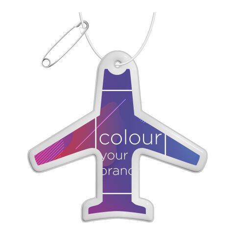 RFX™ Reflektierender PVC-Aufhänger Flugzeug weiss | 1-farbiger Siebdruck | Vorderseite | 70 mm x 73 mm