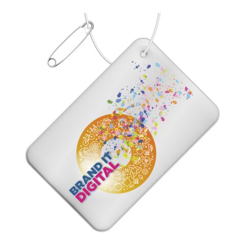 RFX™ Rechteckiger, reflektierender PVC-Aufhänger, klein weiss | 1-farbiger Siebdruck | Rückseite | 72 mm x 46 mm
