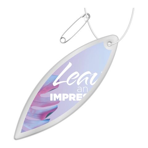 RFX™ ellipsenförmiger reflektierender PVC-Aufhänger weiss | 1-farbiger Siebdruck | Rückseite | 94 mm x 27 mm