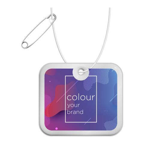 RFX™ rechteckiger reflektierender XL-PVC-Aufhänger weiss | 1-farbiger Siebdruck | Rückseite | 46 mm x 37 mm