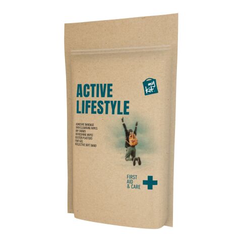 Mitarbeitergeschenk Erste-Hilfe-Set MyKit Active Lifestyle – kraftpapier – mit Werbedruck 12 Pflaster 4 Tupfer 2 Erfrischungstücher ideal für Sport