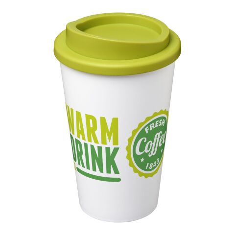 Werbeartikel 350 ml Americano Isolierbecher, doppelwandiger Coffee-to-go-Becher Made in UK – transparent klar-limone – mit Logo bedruckt