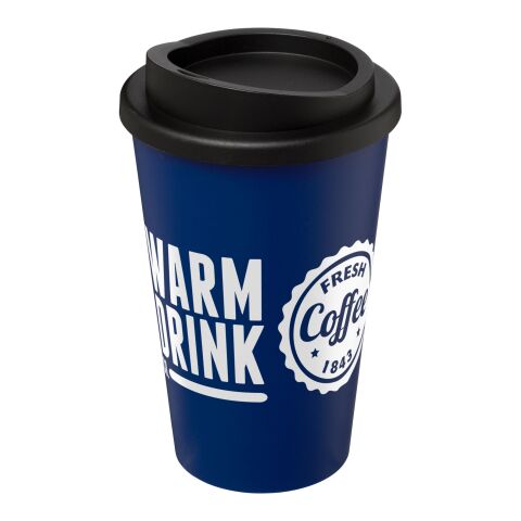 Werbeartikel 350 ml Americano Isolierbecher, doppelwandiger Coffee-to-go-Becher Made in UK – blau-schwarz – mit Logo bedruckt