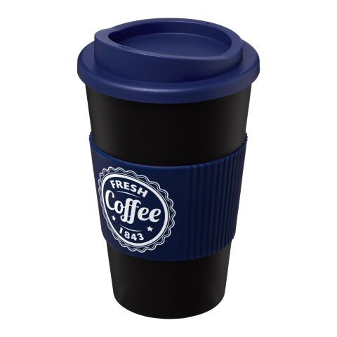 Firmengeschenk Thermobecher Americano – schwarz-blau – mit Logodruck 350 ml doppelwandig mit Schraubverschluss für die Büroküche