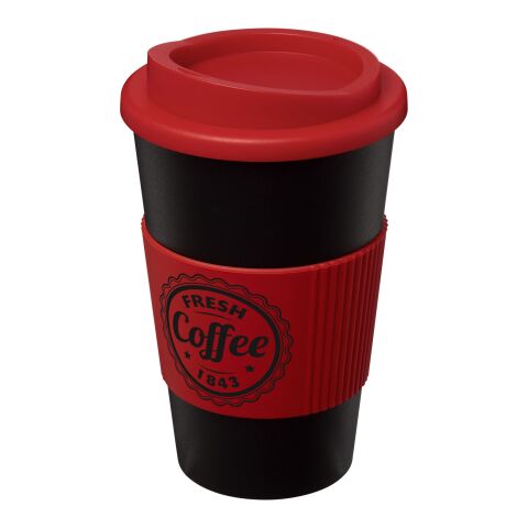 Werbeartikel Americano 350 ml Isolierbecher mit Schutzring und Schraubverschluss – schwarz-rot