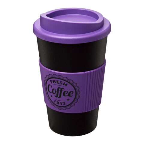Werbeartikel 350 ml Americano Coffee-to-go-Becher, doppelwandig isoliert mit Silikon-Schutzring & Schraubverschluss – schwarz-lila – mit Logo