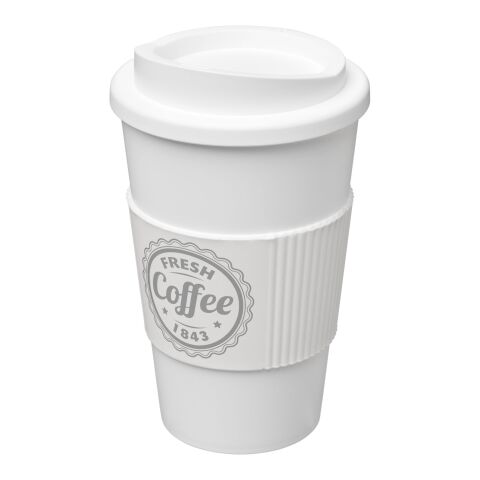 Werbeartikel 350 ml Americano Coffee-to-go-Becher, doppelwandig isoliert mit Silikon-Schutzring & Schraubverschluss – weiß – mit Logo bedruckt