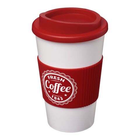 Werbeartikel 350 ml Americano Coffee-to-go-Becher, doppelwandig isoliert mit Silikon-Schutzring & Schraubverschluss – transparent klar-rot – mit Logo