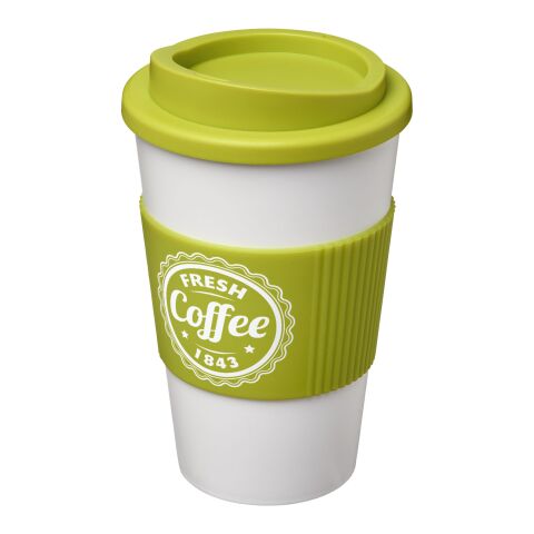 Werbeartikel 350 ml Americano Coffee-to-go-Becher, doppelwandig isoliert mit Silikon-Schutzring & Schraubverschluss – transparent klar-limone – mit
