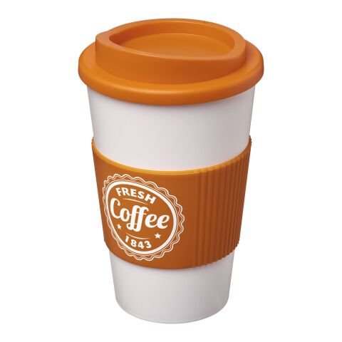 Werbeartikel 350 ml Americano Coffee-to-go-Becher, doppelwandig isoliert mit Silikon-Schutzring & Schraubverschluss – transparent klar-orange – mit