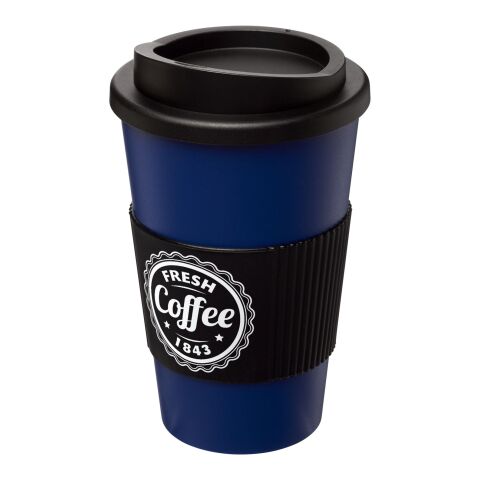Werbeartikel 350 ml Americano Coffee-to-go-Becher, doppelwandig isoliert mit Silikon-Schutzring & Schraubverschluss – blau-schwarz – mit Logo