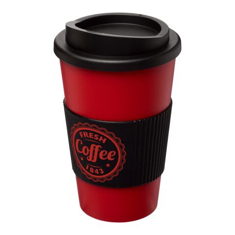 Werbeartikel 350 ml Americano Coffee-to-go-Becher, doppelwandig isoliert mit Silikon-Schutzring & Schraubverschluss – rot-schwarz – mit Logo bedruckt