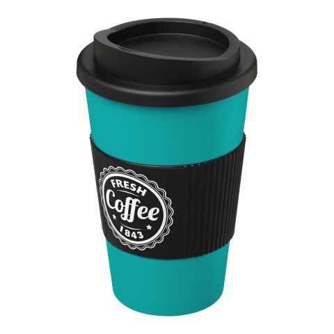 Werbeartikel 350 ml Americano Coffee-to-go-Becher, doppelwandig isoliert mit Silikon-Schutzring & Schraubverschluss – aquablau-schwarz – mit Logo
