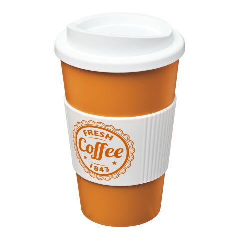Werbeartikel 350 ml Americano Coffee-to-go-Becher, doppelwandig isoliert mit Silikon-Schutzring & Schraubverschluss – orange-transparent – mit Logo