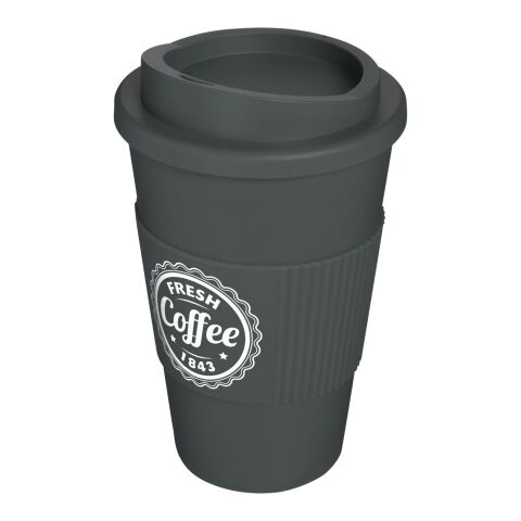 Werbeartikel 350 ml Americano Coffee-to-go-Becher, doppelwandig isoliert mit Silikon-Schutzring & Schraubverschluss – grau – mit Logo bedruckt